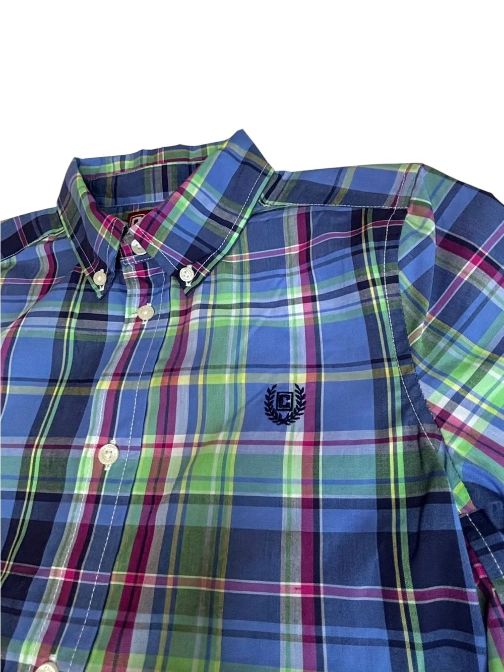 Chaps Boys Size 7 Plaid Button Down Shirt Blue Green Preppy EUC